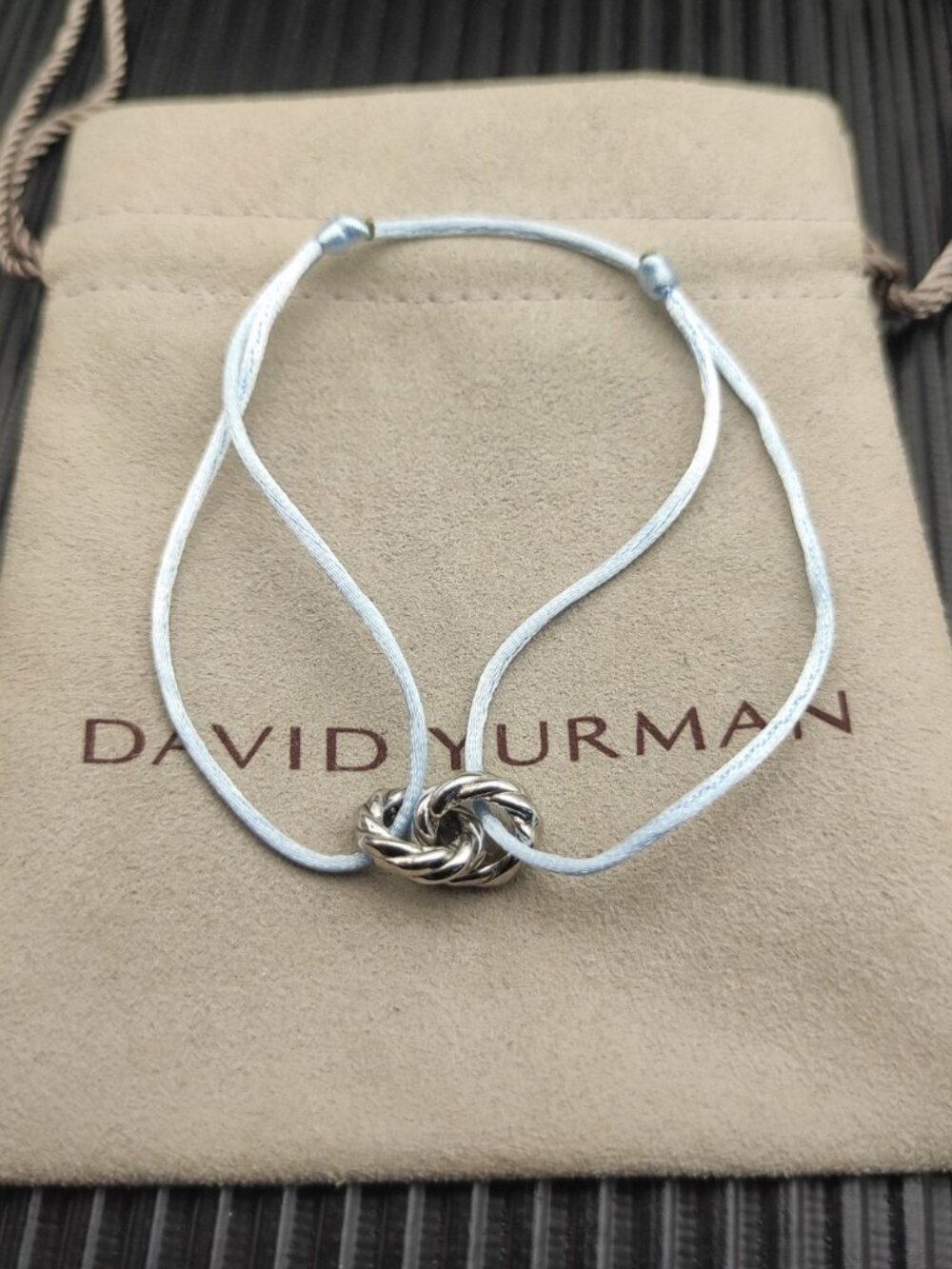 David Yurman Light Blue Double-Ring Silver Nylon Cord Bracelet (30 cm, adjustabl